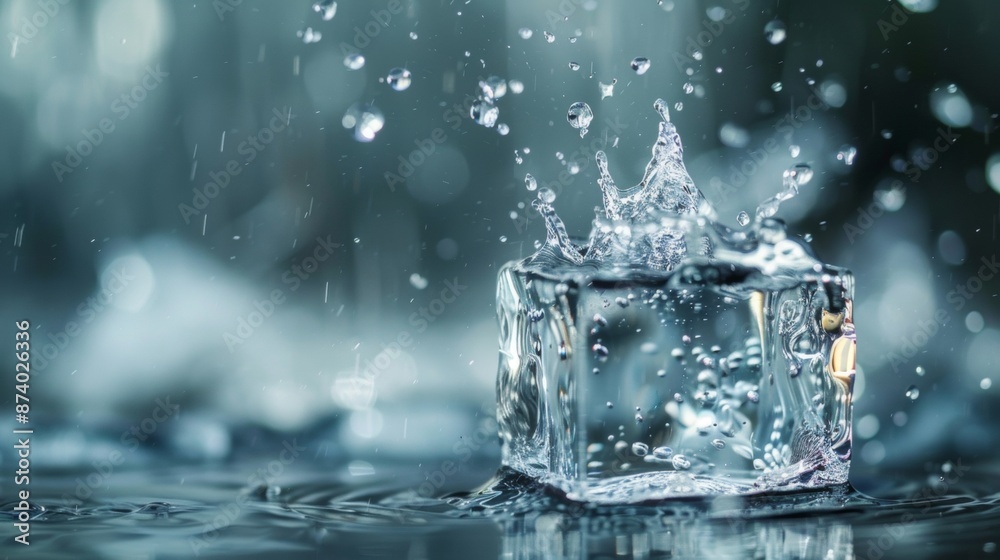 Splashing ice cube in water