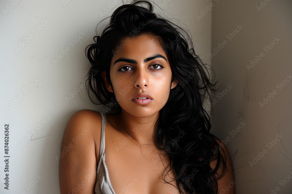 Confident young woman with dark hair and intense eyes in casual attire against plain white background Confident young woman with dark hair and intense eyes in casual attire against plain white background