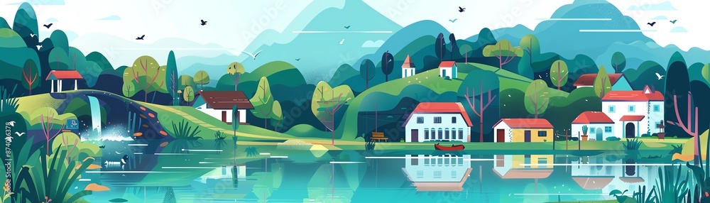 Community using hydroelectric power, sustainable village, flat design illustration