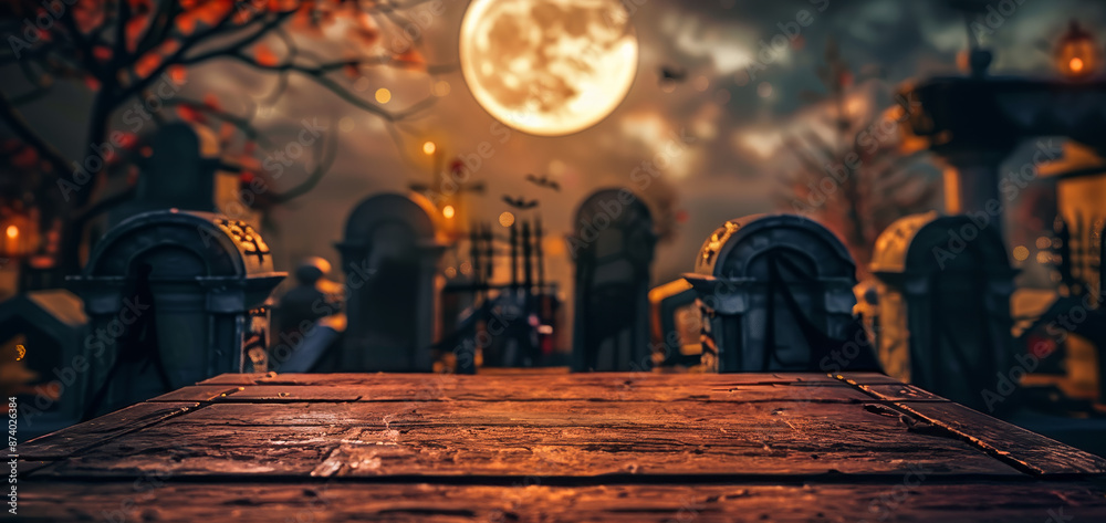 Fototapeta premium Scary cemetery scene with wooden planks in the foreground, fog and tombstones in the background, full moon shining. Ideal for Halloween or horror theme