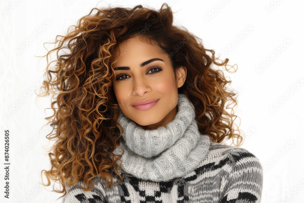 Fashionable woman with curly hair in cozy sweater posing confidently against neutral background Fashionable woman with curly hair in cozy sweater posing confidently against neutral background