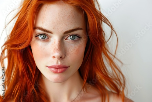 Striking woman with red hair and freckles posing confidently against plain background