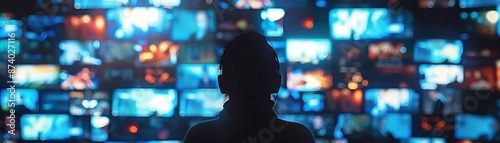 the future of media and entertainment a man stands in front of a television set, surrounded by a laptop, a book, and a cup of coffee