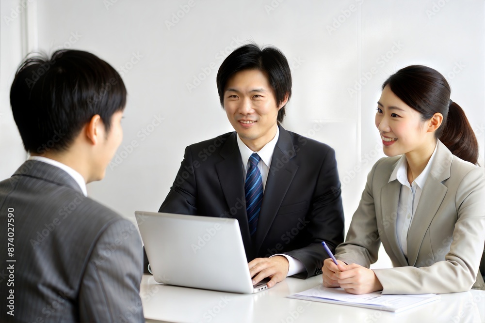 Asian bank manager discussing loan options with customers in a corporate environment
Asian bank manager discussing loan options with customers in a corporate environment