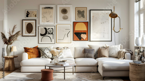 A modern living room featuring a gallery wall with eclectic framed art pieces, cozy furniture, and warm lighting.
