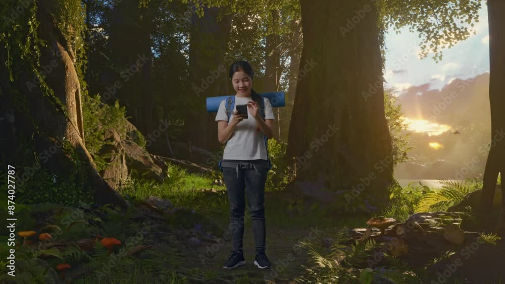 Full Body Of Asian Female Hiker With Mountaineering Backpack Enjoy Using Smartphone While Exploring Forest Nature Full Body Of Asian Female Hiker With Mountaineering Backpack Enjoy Using Smartphone While Exploring Forest Nature