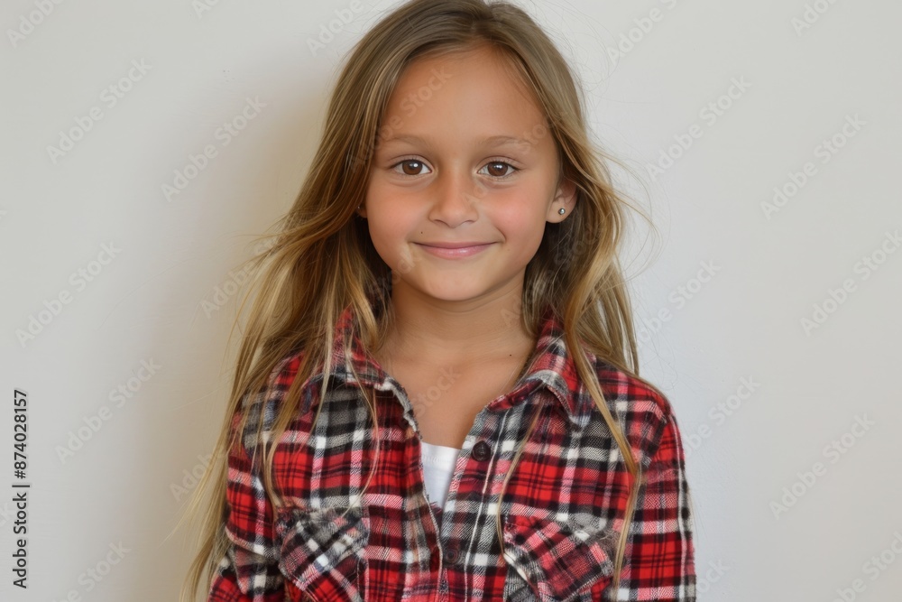 Happy young girl with long hair in a red plaid shirt smiling against a plain background Happy young girl with long hair in a red plaid shirt smiling against a plain background