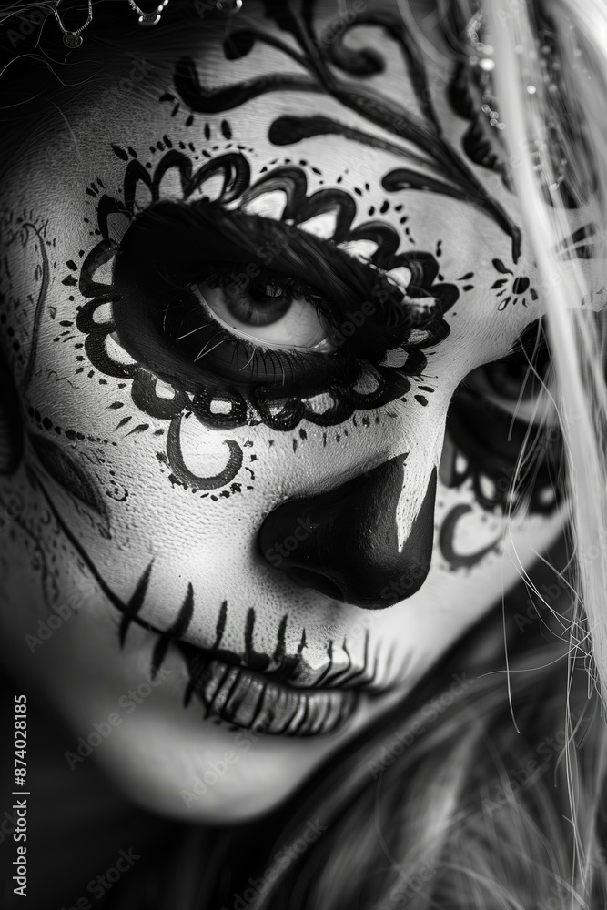 Naklejka premium very beautiful woman with dia de los muertos skull makeup in black and white, detailed, elegant