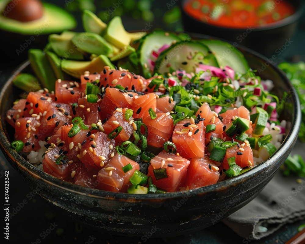 Fresh and Vibrant Poke Bowl with Tuna, Avocado, and Seaweed Salad Served Over Rice in Black Bowl Fresh and Vibrant Poke Bowl with Tuna, Avocado, and Seaweed Salad Served Over Rice in Black Bowl