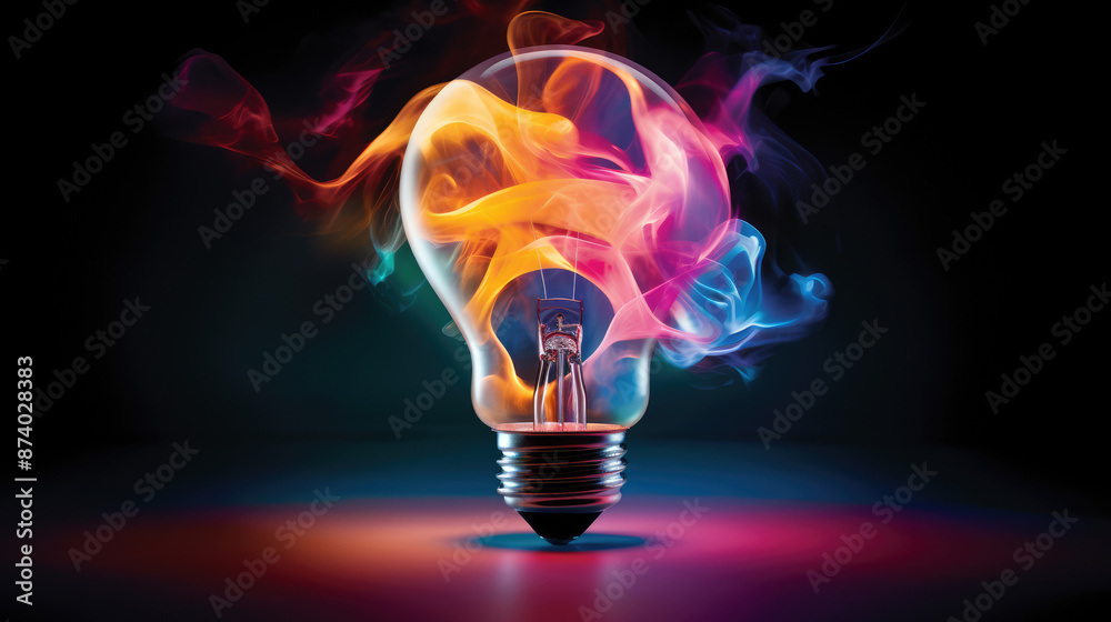Glowing lightbulb with colorful smoke inside,, generative ai Glowing lightbulb with colorful smoke inside,, generative ai