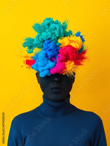 Creative thinker with ideas bursting into colorful motion, Originality  Thinking  Movement, Vibrant imagination