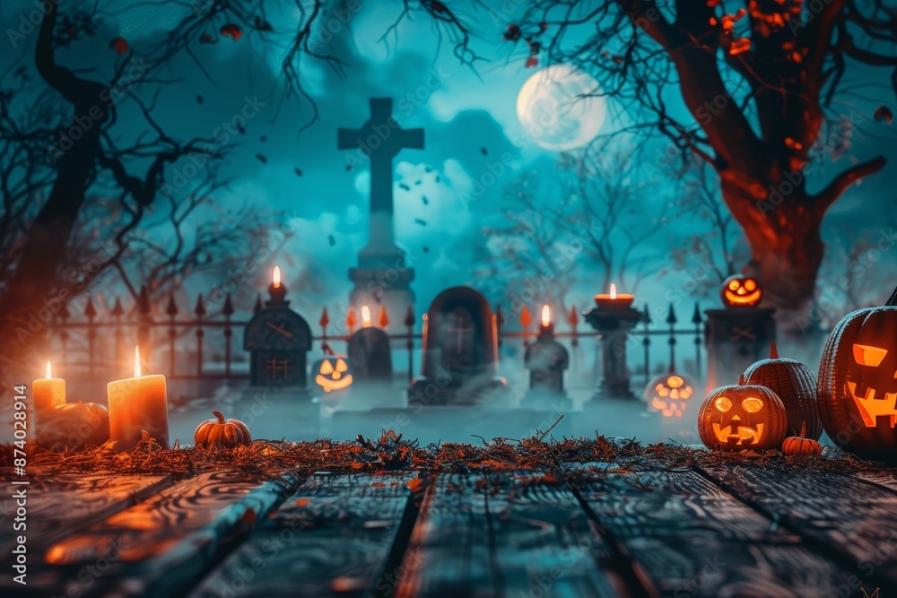 Scary cemetery scene with wooden planks in the foreground, fog and tombstones in the background, full moon shining. Ideal for Halloween or horror theme Scary cemetery scene with wooden planks in the foreground, fog and tombstones in the background, full moon shining. Ideal for Halloween or horror theme