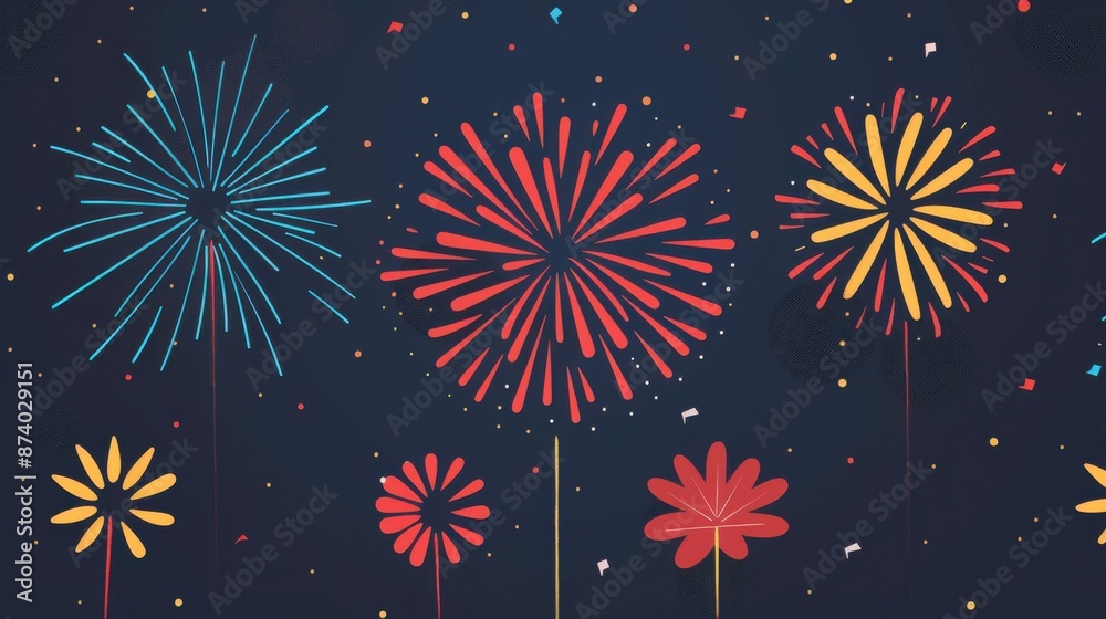 Naklejka premium Vibrant fireworks exploding in the night sky with colorful patterns creating a festive celebratory atmosphere against a dark backdrop.