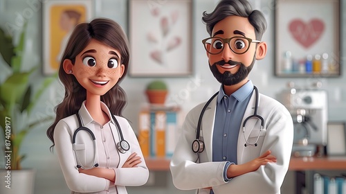 Group of doctors, cute men and women in a doctor's office, 3D cartoon. photo