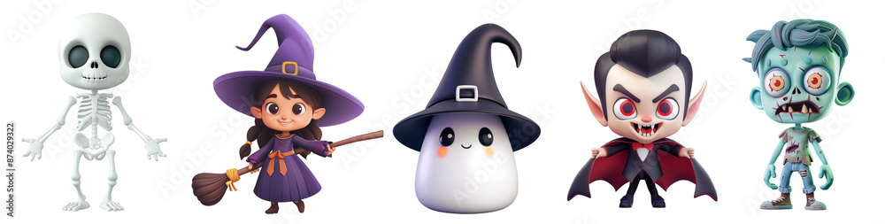 Set of Halloween characters, ghost, witch, skeleton, zombie and vampire in 3d cartoon style Set of Halloween characters, ghost, witch, skeleton, zombie and vampire in 3d cartoon style