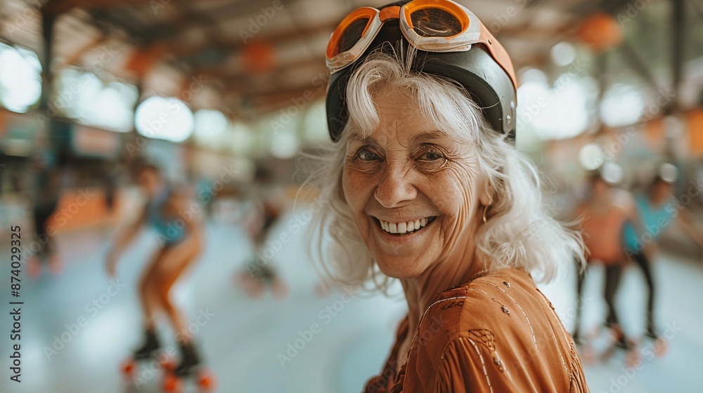 Elderly woman roller skating with a group of friends at a local rink Stock Photo with copy space Elderly woman roller skating with a group of friends at a local rink Stock Photo with copy space