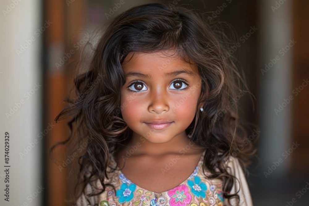 Happy young girl with curly dark hair and bright eyes smiling warmly against a plain background Happy young girl with curly dark hair and bright eyes smiling warmly against a plain background