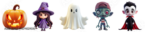 Halloween characters, ghost, witch, pumpkin with carved face, zombie and vampire in 3d cartoon style