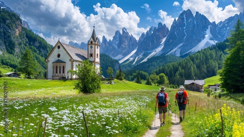 Tourists hiking through the lush green fields of St Magdalena with the iconic church and Dolomite mountains in the background Stock Photo with copy space photo