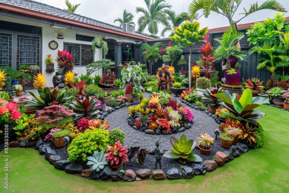 Obraz premium Vibrant garden with colorful flowerbeds and green lawn around a modern house, captured on a sunny day, showcasing lush plants and flowers