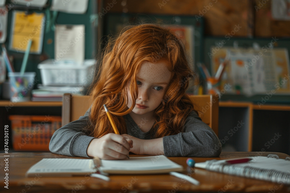Cute Red haired school girl intently writing in her notebook while sitting at her desk in a classroom back to school Cute Red haired school girl intently writing in her notebook while sitting at her desk in a classroom back to school