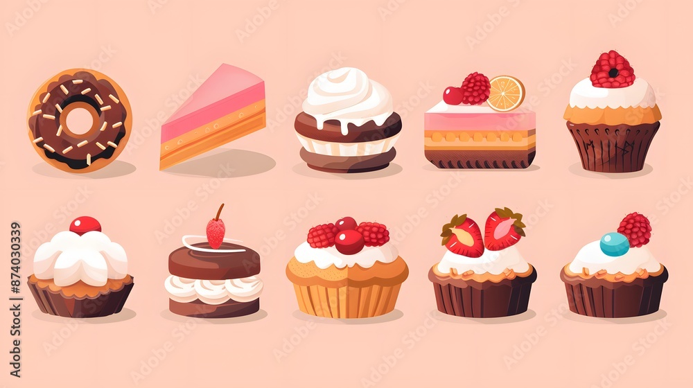A delightful assortment of various cakes, cupcakes, and desserts with colorful toppings on a peach background, perfect for a bakery or sweet-themed design. A delightful assortment of various cakes, cupcakes, and desserts with colorful toppings on a peach background, perfect for a bakery or sweet-themed design.