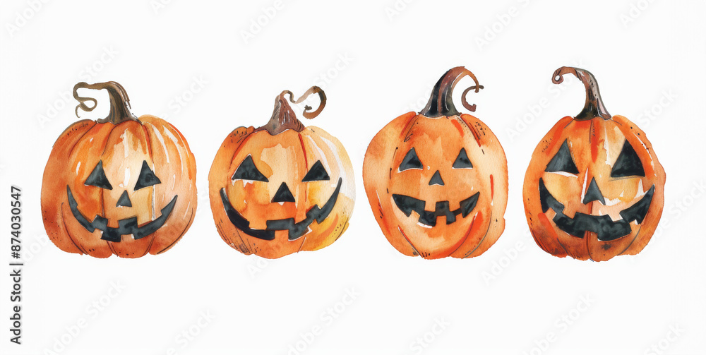 Set of decorated halloween pumpkins with spooky smiles on white background. Main symbol of Happy Halloween holiday Set of decorated halloween pumpkins with spooky smiles on white background. Main symbol of Happy Halloween holiday