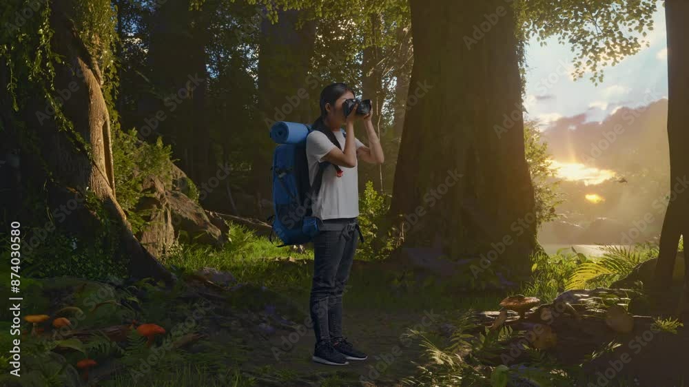Full Body Side View Of Asian Female Hiker With Mountaineering Backpack Using A Camera Taking Picture While Exploring Forest Nature Full Body Side View Of Asian Female Hiker With Mountaineering Backpack Using A Camera Taking Picture While Exploring Forest Nature