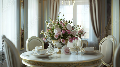 White Neoclassic Dining Room Interior Design. Round Table and Trendy Chairs. Decor, Vase with Flowers, Fine Finishing © Juli Soho