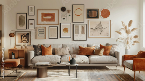 A modern living room featuring a gallery wall with eclectic framed art pieces, cozy furniture, and warm lighting.
