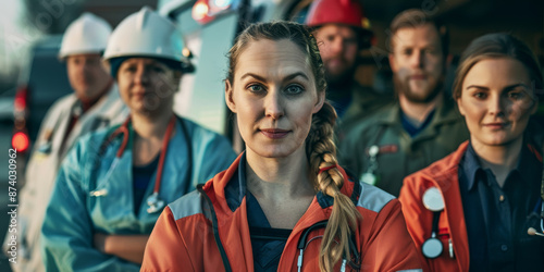 A paramedic stands ready, her gaze unwavering, amidst a group of fellow first responders on Ambulance Day