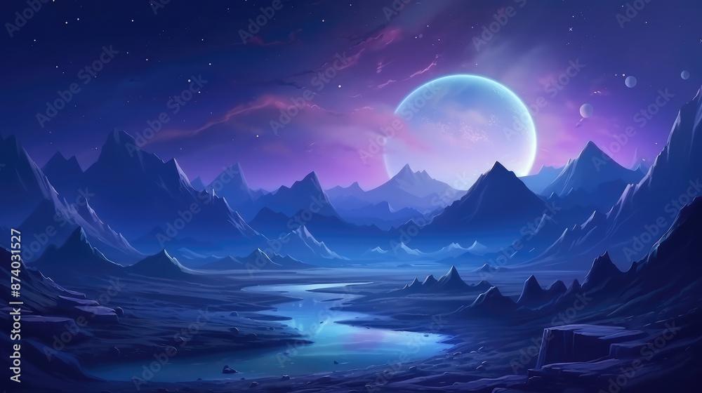 Futuristic landscape with mountains at night. illustration for your design., generative ai Futuristic landscape with mountains at night. illustration for your design., generative ai