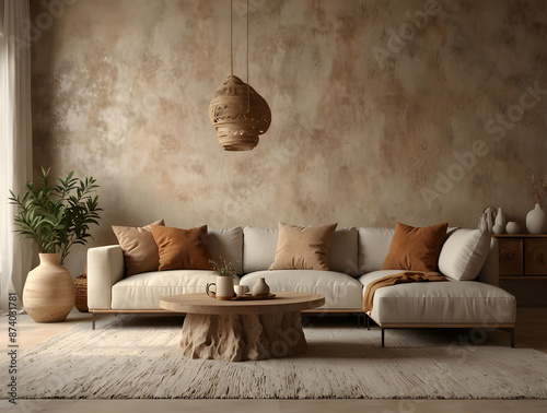Living room in trend boho style. Warm white color accents. Plaster microcement wall background. Beige ivory taupe tones of room interior design. Mediterranean modern cozy lounge. 3d render