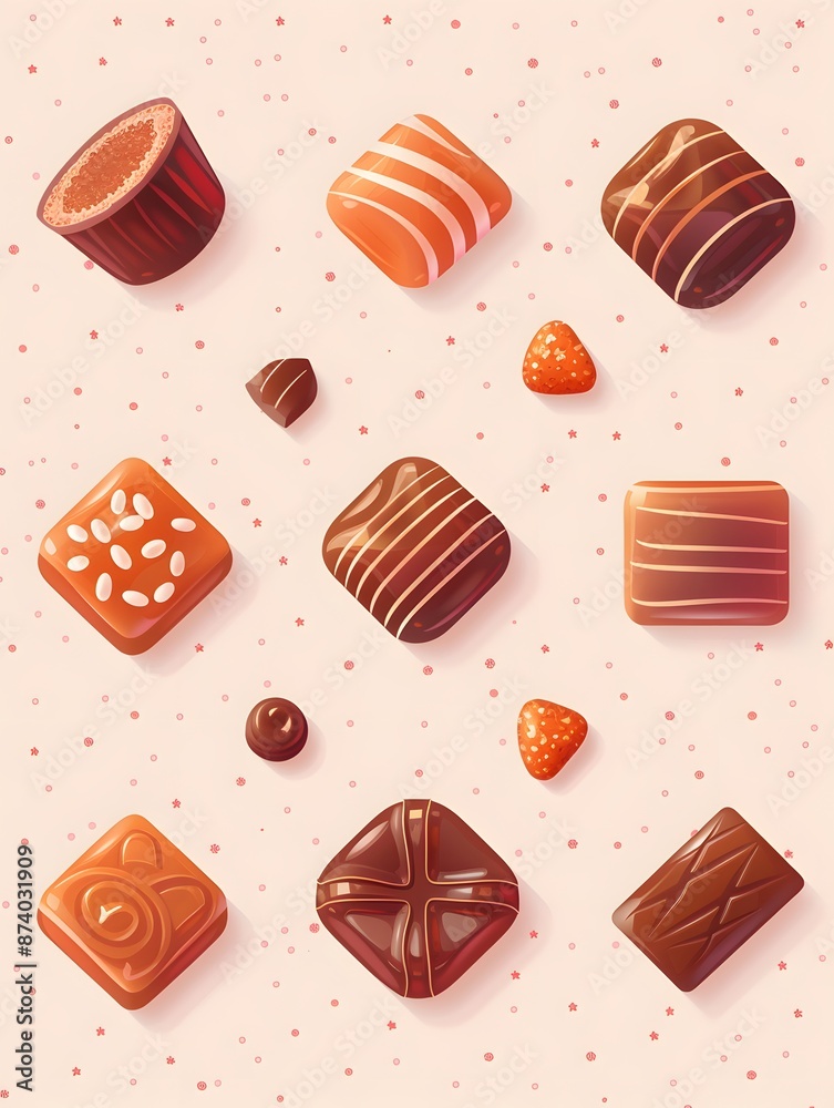 Delightful arrangement of assorted chocolates in various shapes and patterns on a dotted background, perfect for food lovers. Delightful arrangement of assorted chocolates in various shapes and patterns on a dotted background, perfect for food lovers.