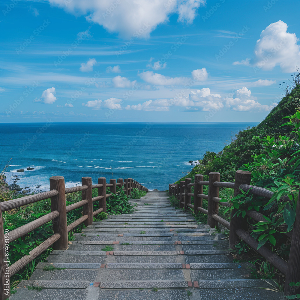 Fototapeta premium The long stone steps lead to the sea, with green plants on both sides of them and wooden railings in front.