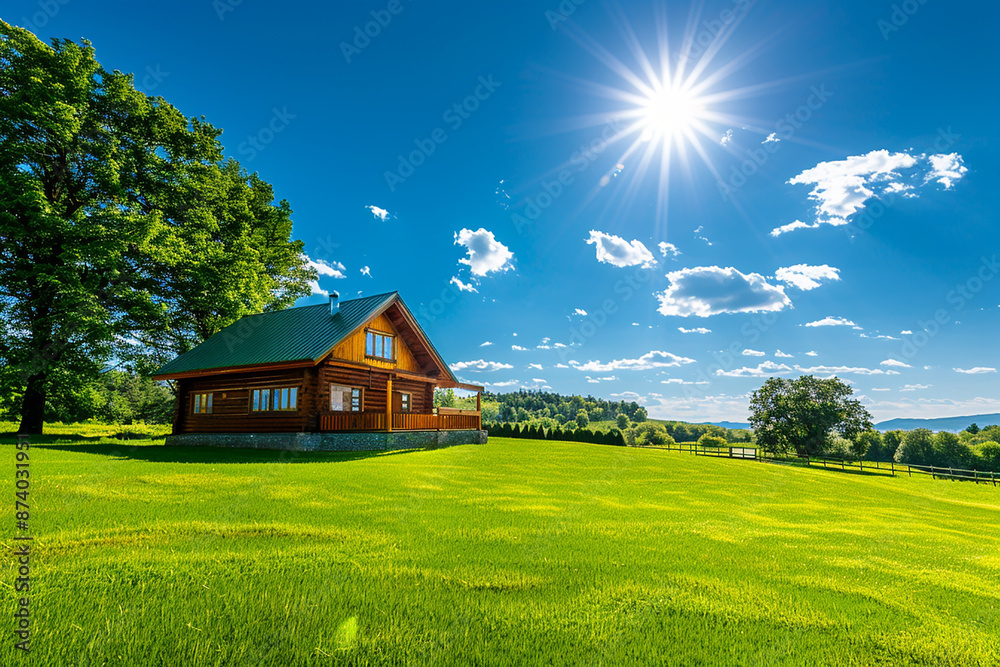 Obraz premium A cozy wooden house in a lush green field under a bright blue sky, representing a serene and beautiful country life.