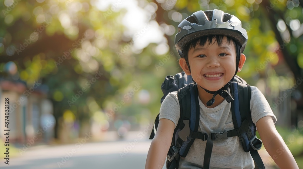 Joyful kid riding bicycle to school with copy space background Joyful kid riding bicycle to school with copy space background
