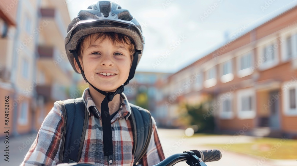 Joyful child with bicycle helmet posing in front of school, Back to school concept with copy space Joyful child with bicycle helmet posing in front of school, Back to school concept with copy space