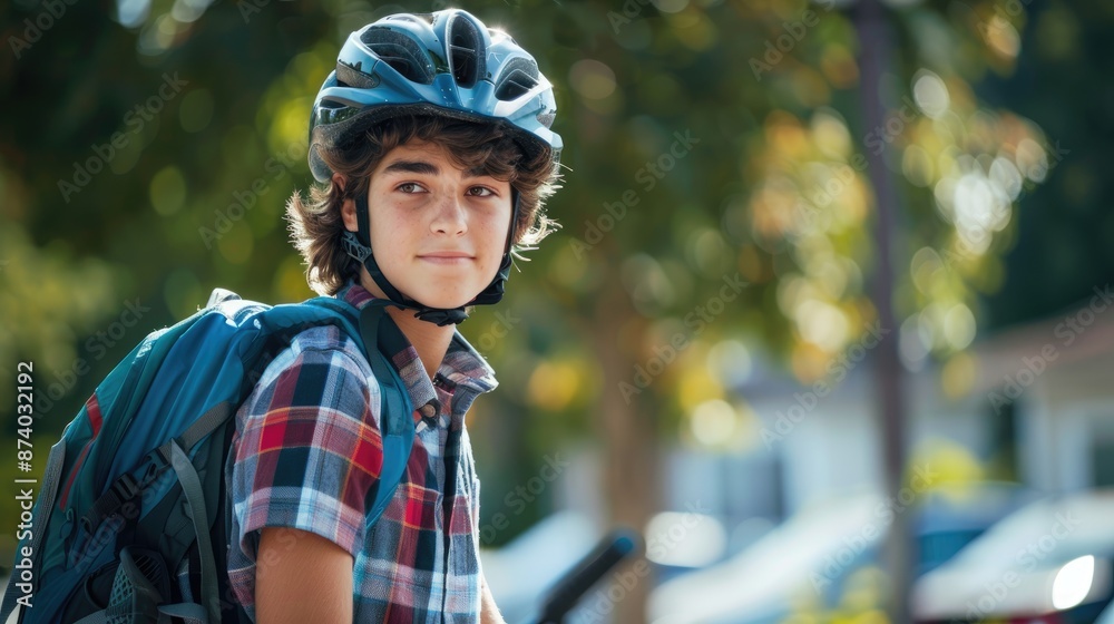 Confident Young Student Ready to Ride, Portrait of student with backpack, helmet, and bicycle against copy space background for education or adventure concept. Confident Young Student Ready to Ride, Portrait of student with backpack, helmet, and bicycle against copy space background for education or adventure concept.