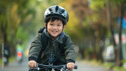 Happy child wearing helmet riding bicycle to school on empty road with copy space for advertisement in background. © BOONJUNG