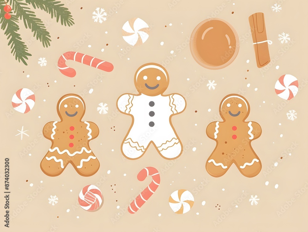 Naklejka premium Festive gingerbread cookies and candy canes on a beige background, perfect for holiday-themed designs and Christmas celebrations.