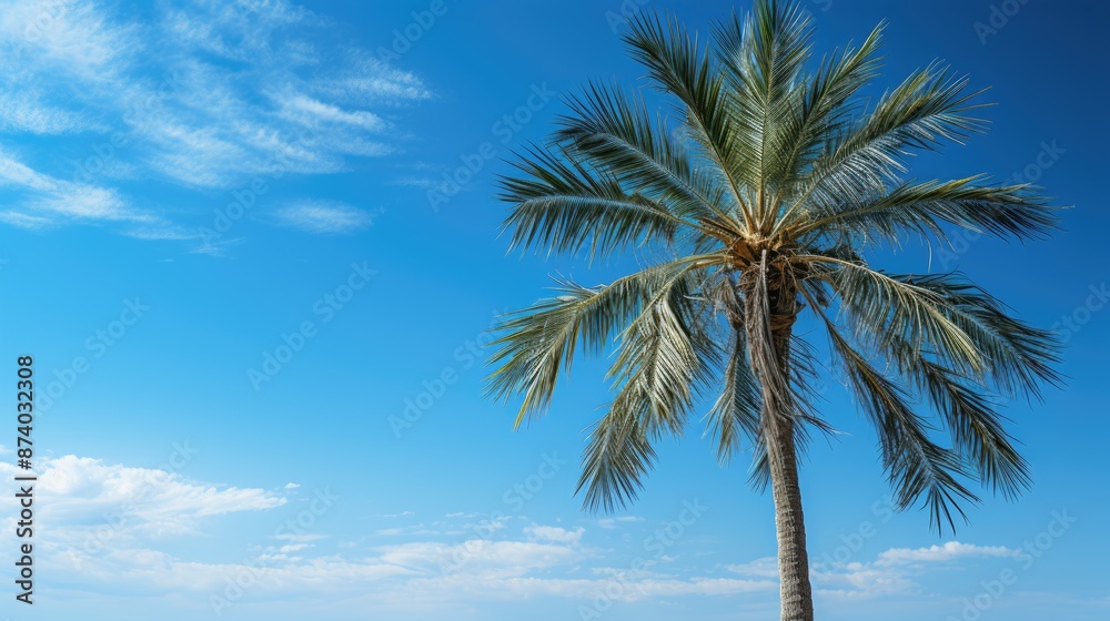 a palm tree is shown against a blue sky. a palm tree is shown against a blue sky.