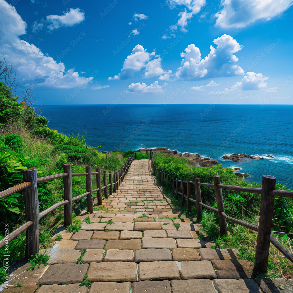 The long stone steps lead to the sea, with green plants on both sides of them and wooden railings in front. The long stone steps lead to the sea, with green plants on both sides of them and wooden railings in front.