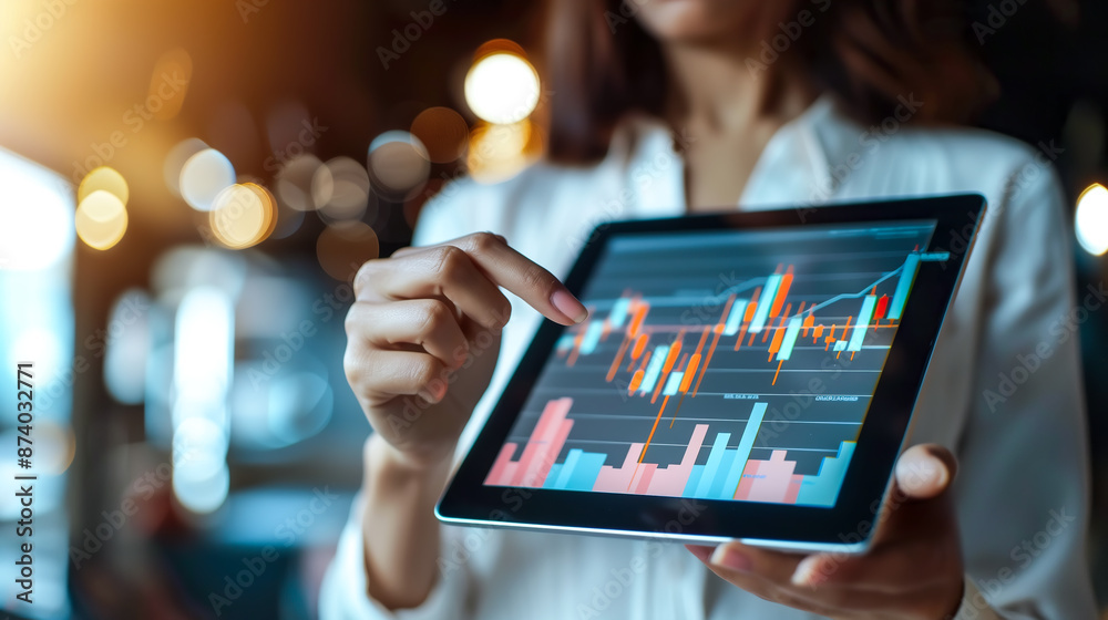 A businesswoman uses her hand to point at a tablet displaying a financial stock graph.The concept of analysis, technology in finance, and strategic decision-making. Generative AI. A businesswoman uses her hand to point at a tablet displaying a financial stock graph.The concept of analysis, technology in finance, and strategic decision-making. Generative AI.