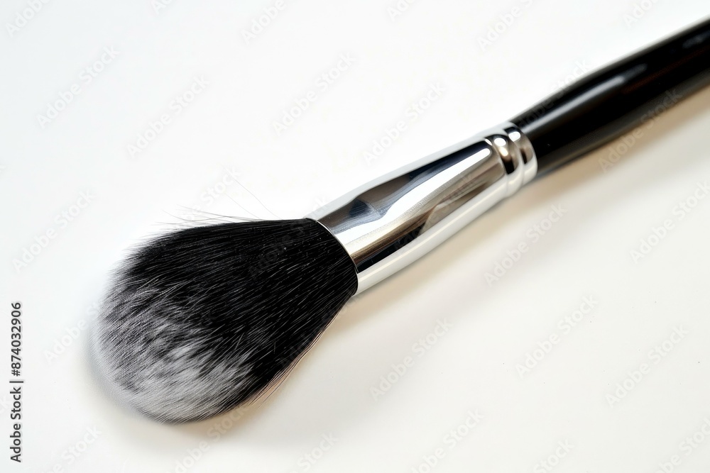 Closeup of a single elegant makeup brush with black bristles, isolated on a white surface Closeup of a single elegant makeup brush with black bristles, isolated on a white surface