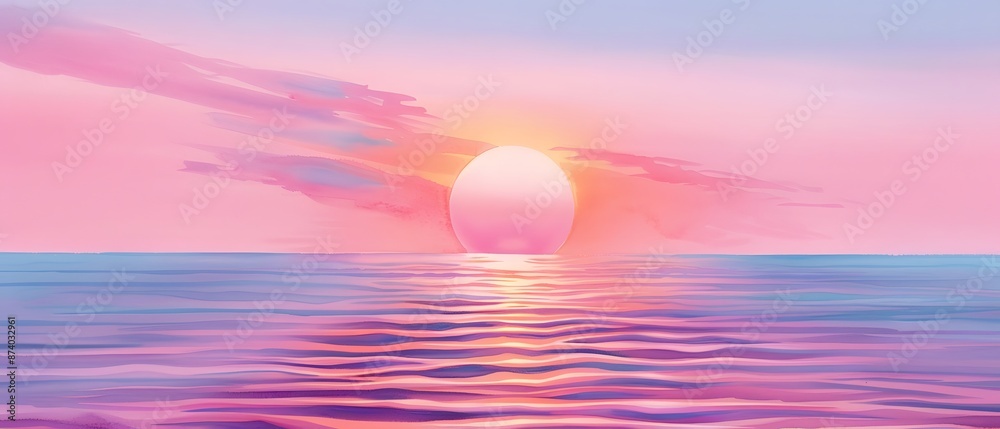 Serene sunset over calm ocean with pastel sky, reflecting pink and purple hues on the gentle waves. Perfect tranquil beach scene. Serene sunset over calm ocean with pastel sky, reflecting pink and purple hues on the gentle waves. Perfect tranquil beach scene.
