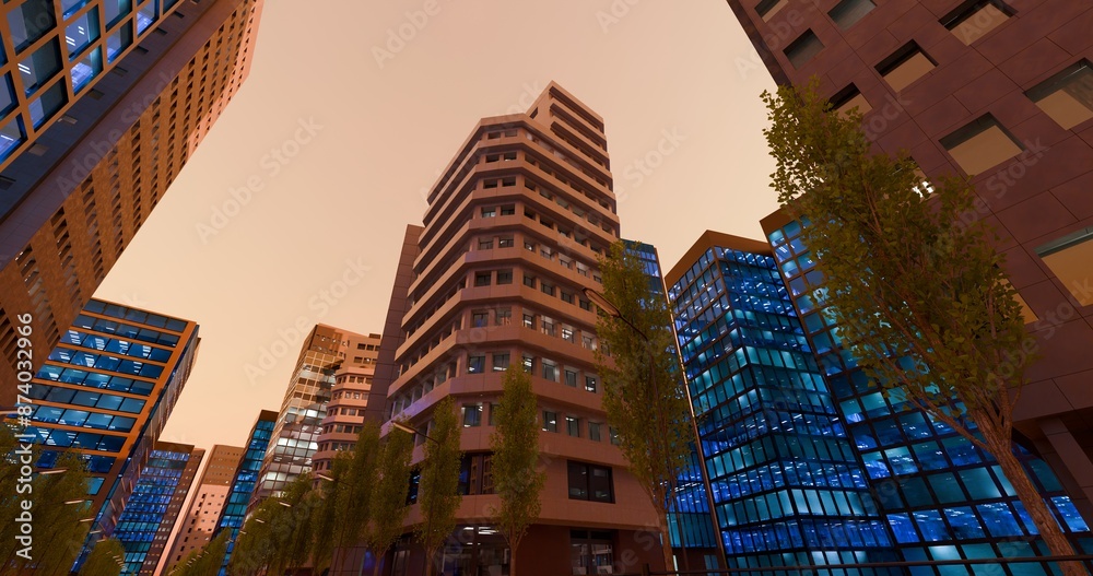 Fototapeta premium Bottom view of skyscrapers in center of the business district. Office lights and glass exterior. High-rise buildings against sunset orange sky. 3D rendering.