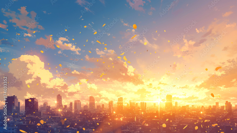 Fototapeta premium landscape city full sun and blue sky on style anime