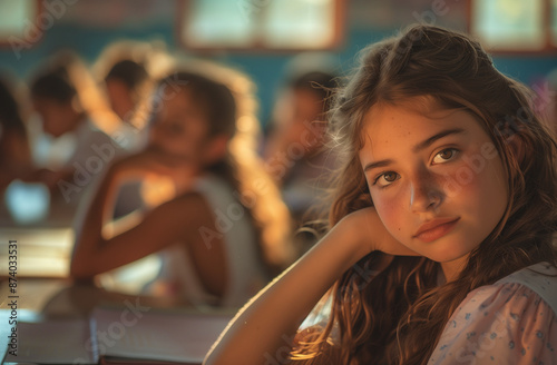 Portrait of sleepy teenage girls 12 years old in classrooms,golden hour light, looking to camera. photo