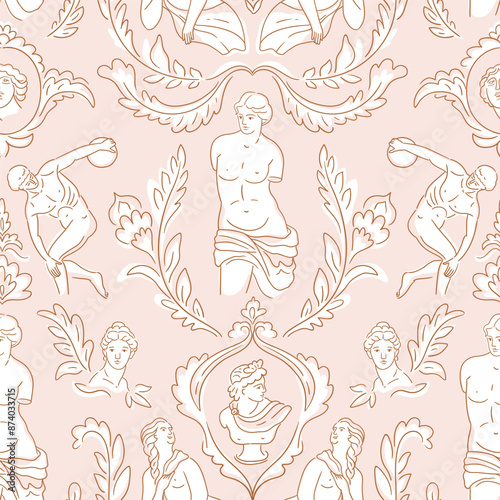 Seamless pattern with ancient greek statue, bust on pink background. Greece culture antique vector repeat pattern design. Historical flat cartoon wallpaper